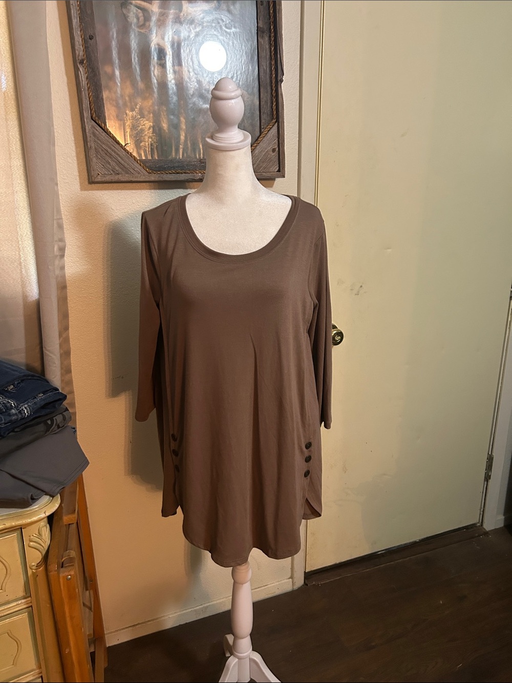 Relaxed Scoop Neck Tunic in Brown with Side Button Detail
